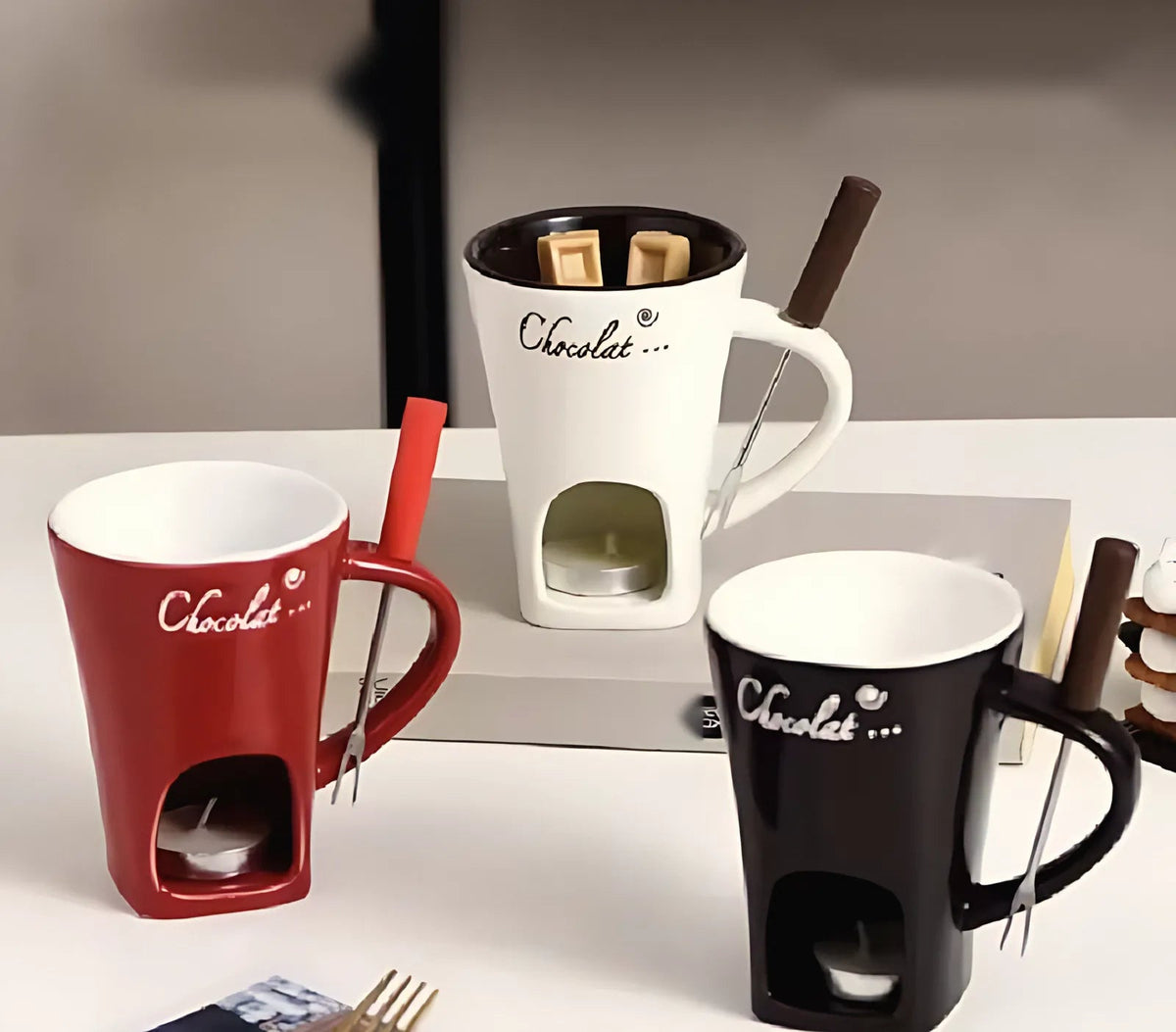 Le Trio MeltaMug : mugs rouge, blanc et chocolat